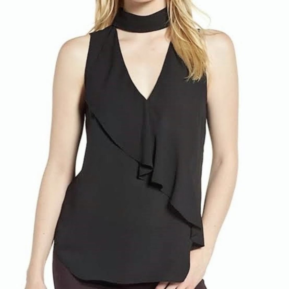 *NWT* Trouvé Black Ruffle-Front Choker Cut-Out Sleeveless Blouse - Size XS